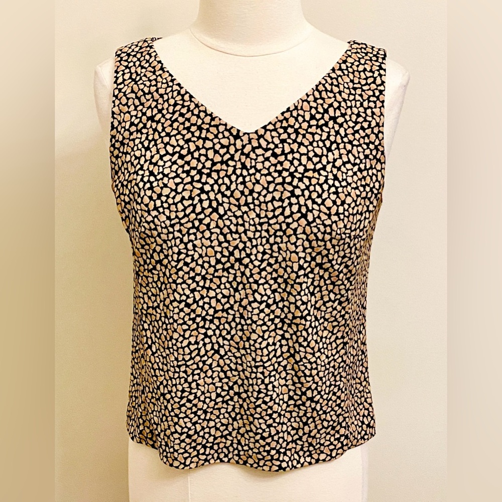 Perceptions Vintage Black Tan Print SZ 10 Mod Retro Preppy Whimsigoth Earthy Top